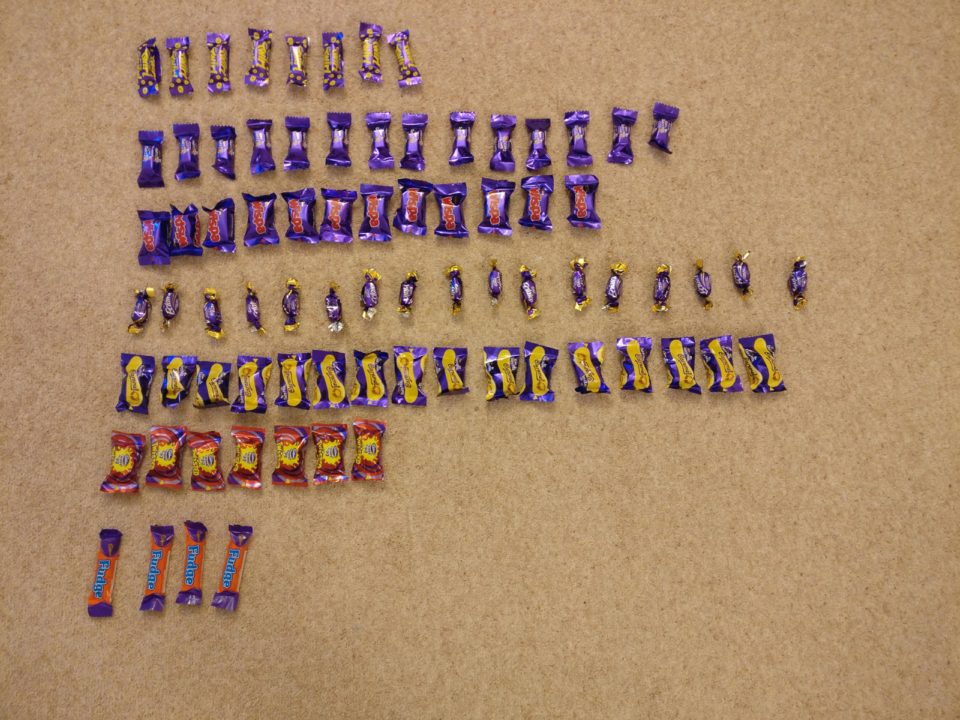 The Xmas 2016 tub sorted into rows: 78 chocolates