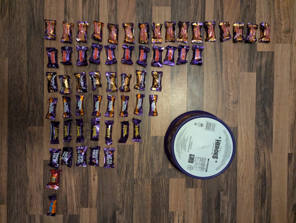 The 28 Oct 2024 tub sorted into rows: 57 chocolates