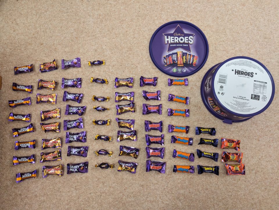 The Xmas 2023 tub sorted into rows: 60 chocolates